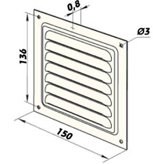 Hranatá větrací mřížka 150x150mm kovová s pevnou žaluzií a síťkou - bez příruby