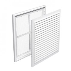 Hranatá ventilační mřížka 250x250mm s pevnou žaluzií, síťkou, bez příruby, bílá