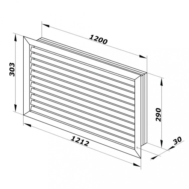 Hranatá ventilační mřížka 1212x303mm s pevnou žaluzií bez příruby - bílá