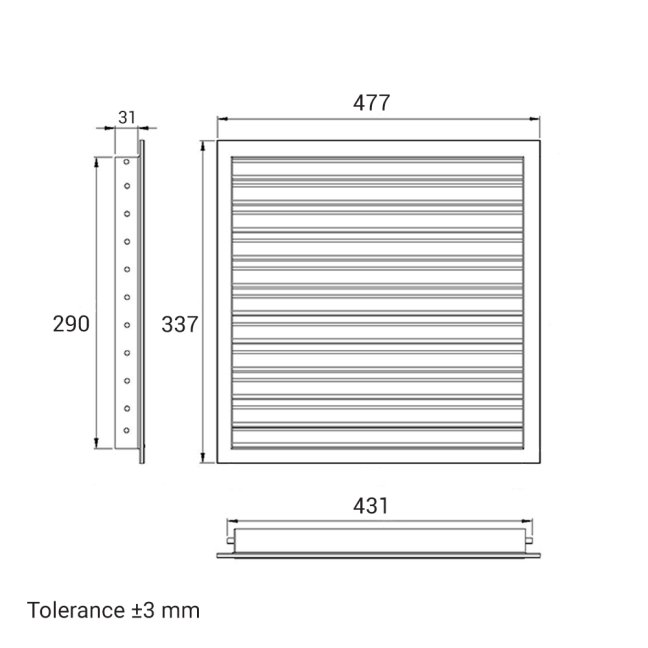 Hranatá větrací mřížka 450x300mm z extrudovaného hliníku bez příruby - šedá