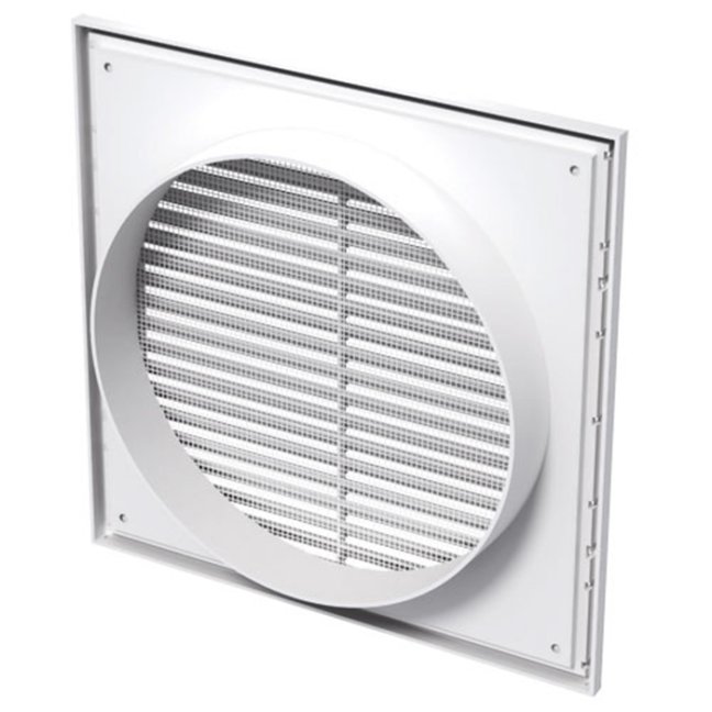 Hranatá větrací mřížka 154x154mm s pevnou žaluzií a síťkou proti hmyzu - s přírubou 100mm, bílá