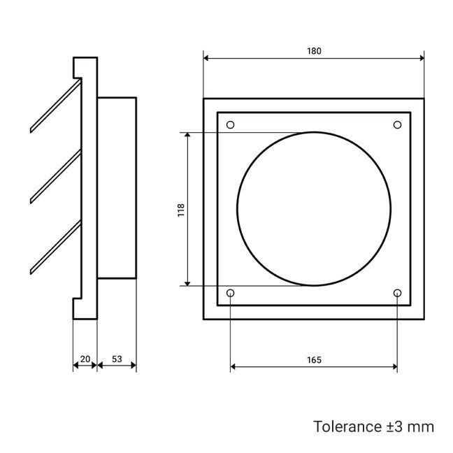 Nerezová hranatá mřížka 180x180mm se samotížnou žaluzií a přírubou 125mm
