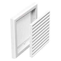 Hranatá ventilační mřížka 186x186mm s pevnou žaluzií, síťkou, bez příruby, bílá