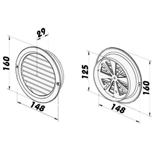 Kruhová větrací mřížka 125mm s přírubou a síťkou proti hmyzu - s regulací, bílá