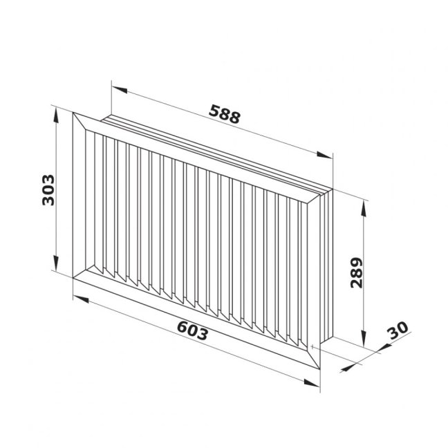 Hranatá ventilační mřížka 603x303mm s pevnou vertikální žaluzií bez příruby - bílá