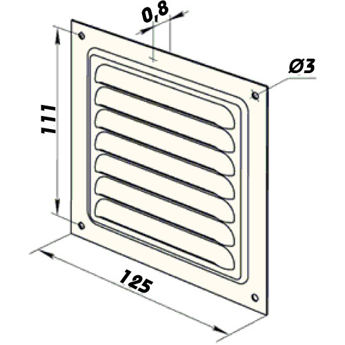 Hranatá větrací mřížka 125x125mm hliníková s pevnou žaluzií a síťkou - bez příruby