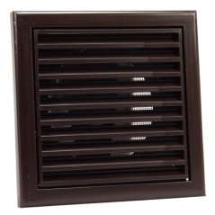 Hranatá větrací mřížka 154x154mm s pevnou žaluzií a síťkou proti hmyzu - s přírubou 100mm, hnědá