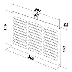 Hranatá větrací mřížka 305x150mm kovová s pevnou žaluzií a síťkou - bez příruby