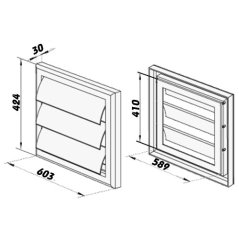 Hranatá větrací mřížka 603x424mm se samotížnou žaluzií - bez příruby