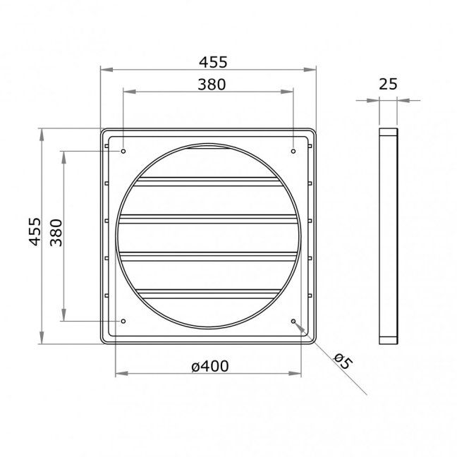 Hranatá větrací mřížka 455x455mm se samotížnou žaluzií - s přírubou 400mm, šedá