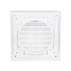 Hranatá větrací mřížka 150x150mm s pevnou žaluzií, síťkou a přírubou 100mm, bílá
