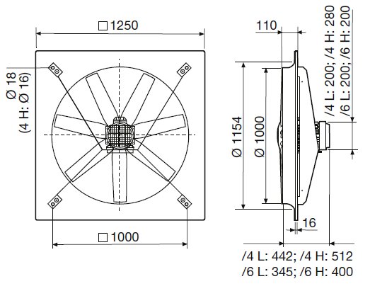 Nástěnný axiální ventilátor HCBT/6-1000/L-X