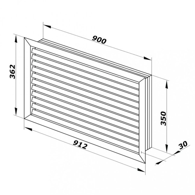 Hranatá ventilační mřížka 912x362mm s pevnou žaluzií bez příruby - šedá