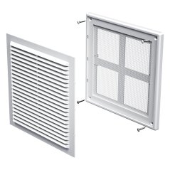 Hranatá ventilační mřížka 204x204mm s pevnou žaluzií, síťkou, bez příruby, bílá