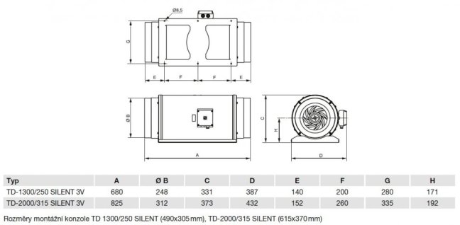Tichý diagonální potrubní ventilátor TD 2000/315 SILENT 3V, tříotáčkový