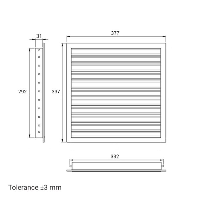 Hranatá větrací mřížka 350x300mm z extrudovaného hliníku bez příruby - šedá