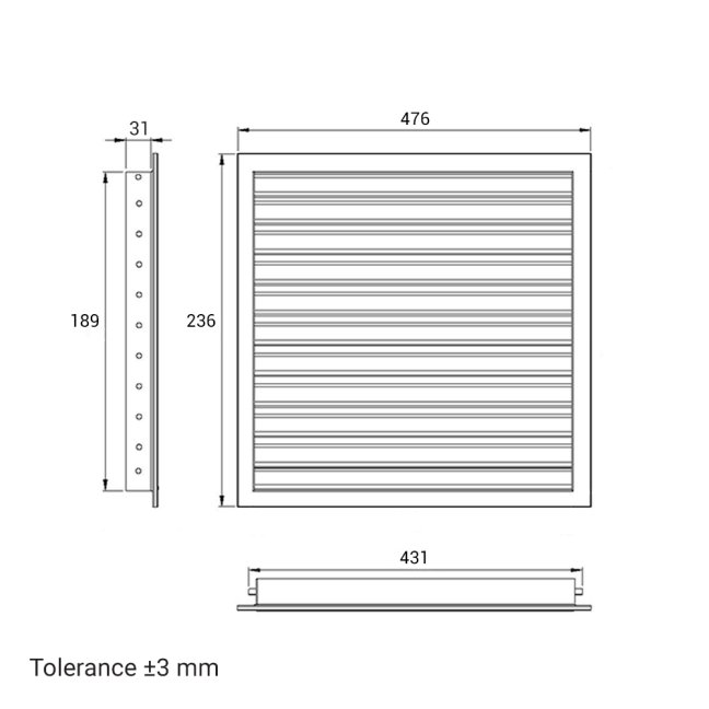 Hranatá větrací mřížka 450x200mm z extrudovaného hliníku bez příruby - šedá