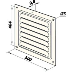 Hranatá větrací mřížka 500x500mm kovová s pevnou žaluzií a síťkou - bez příruby