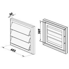 Hranatá větrací mřížka 603x603mm se samotížnou žaluzií - bez příruby