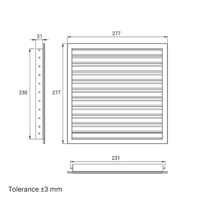 Hranatá větrací mřížka 250x250mm z extrudovaného hliníku bez příruby - bílá