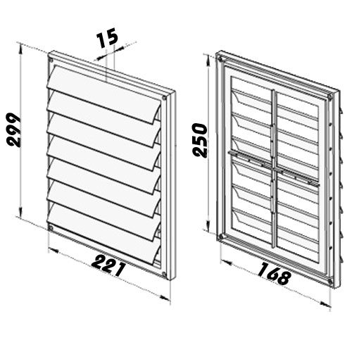 Hranatá větrací mřížka 221x299mm se samotížnou žaluzií - bez příruby, bílá