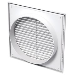 Hranatá větrací mřížka 154x154mm s pevnou žaluzií a síťkou proti hmyzu - s přírubou 100mm, bílá