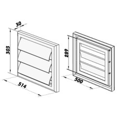 Hranatá větrací mřížka 514x303mm se samotížnou žaluzií - bez příruby