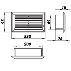 Hranatá větrací mřížka pro plastové potrubí 60x204mm s regulací