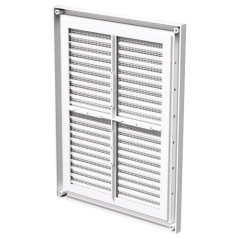 Hranatá ventilační mřížka 299x221mm s pevnou žaluzií, síťkou, bez příruby, bílá