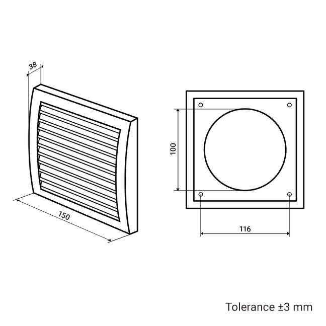 Hranatá větrací mřížka 150x150mm se síťkou, regulací a přírubou 100mm