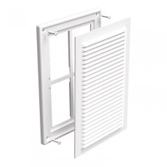 Hranatá ventilační mřížka 251x182mm s pevnou žaluzií, síťkou, bez příruby, bílá