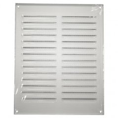 Hranatá větrací mřížka 195x245mm kovová s pevnou žaluzií a síťkou - bez příruby