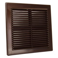 Hranatá ventilační mřížka 204x204mm s pevnou žaluzií, síťkou, bez příruby, hnědá