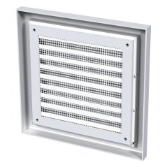 Hranatá ventilační mřížka 186x186mm s pevnou žaluzií, síťkou, bez příruby, bílá