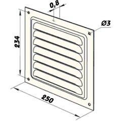 Hranatá větrací mřížka 250x250mm hliníková s pevnou žaluzií a síťkou - bez příruby
