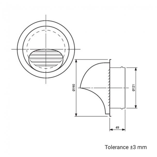Nerezová kruhová mřížka 125mm s přírubou a stříškou
