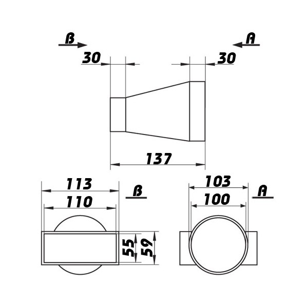 Přechod přímý plastový hrana/kruh 55x110/100